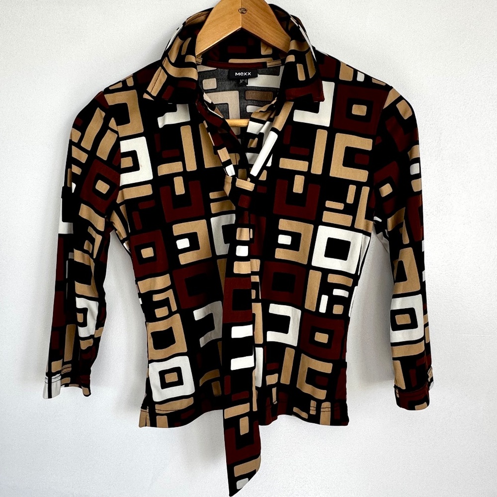Vintage Retro Art Deco 70's Style Y2K Shirt Tie/Belt 3/4 Sleeves Brown Size XS